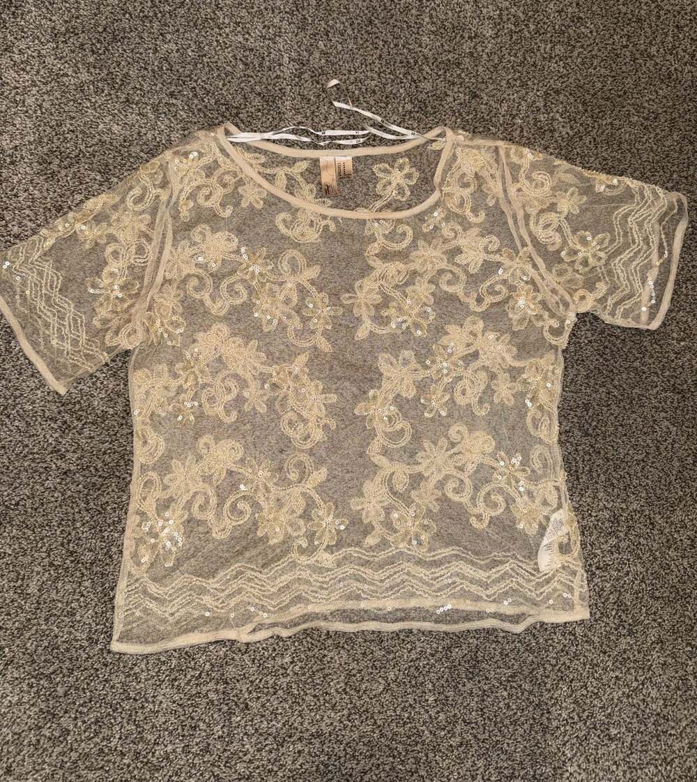 Forever 21 Exclusive Floral Embroidered Sequin Mesh Sheer Short Sleeve Top